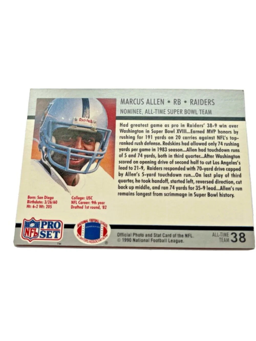 Marcus Allen Super Bowl XXV Pro Set NFL Official Trading Card
